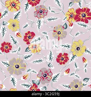Ein bezauberndes Vintage-Blumenmuster mit stilisierten roten, gelben und grauen Blüten mit grünen Blättern auf weichem rosa Hintergrund, das ein skurriles A schafft Stockfoto