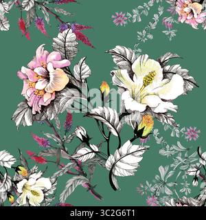 Eine wunderschöne Aquarellillustration von rosa und weißen Hibiskusblüten mit grünen Blättern und Knospen auf einem blaugrünen Hintergrund, die einen nahtlosen Blumentupfer schaffen Stockfoto
