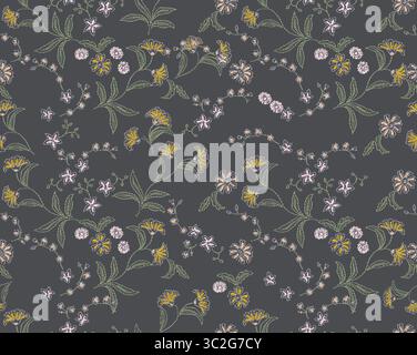 Ein bezauberndes Vintage-Blumenmuster mit zarten gelben und weißen Blüten mit grünen Blättern auf einem dunkelgrauen Hintergrund, das ein Gefühl von Timeles weckt Stockfoto