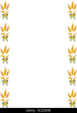 Elegantes Vektorrahmendesign mit sich wiederholenden goldenen Weizenstielen, die mit blauen und gelben Bändern gebunden sind, perfekt für Einladungen oder Ankündigungen. Stock Vektor
