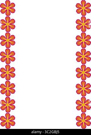 Elegantes Vektorrahmendesign mit zwei vertikalen Reihen von stilisierten orangefarbenen und karmesinroten Blumen, perfekt für Einladungen, Karten oder dekorative Borten. Stock Vektor