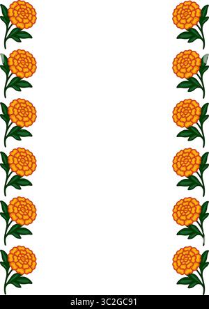 Eleganter Vektor-Blumenrahmen mit detaillierten Ringelblumen und grünen Blättern, perfekt für Einladungen, Karten oder dekorative Borten. Stock Vektor