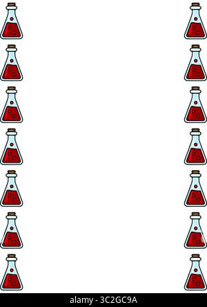 Nahtlose Vektorrandkonstruktion mit sich wiederholenden Abbildungen von Glasflaschen gefüllt mit leuchtender roter Flüssigkeit, perfekt für einen Hauch von Wissenschaft Stock Vektor