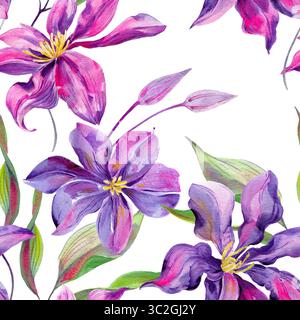 Clematis Blüten und Knospen, Blätter mehrfarbig, anmutig. Nahtloses Muster. Handgezeichnet mit Stockfoto