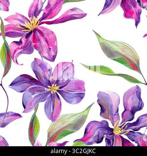 Clematis Blüten und Knospen, Blätter mehrfarbig, anmutig. Nahtloses Muster. Handgezeichnet mit Stockfoto