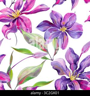 Clematis Blüten und Knospen, Blätter mehrfarbig, anmutig. Nahtloses Muster. Handgezeichnet mit Stockfoto