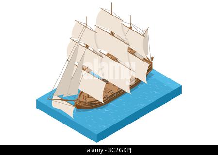 Eine isometrische Illustration eines großen, majestätischen hölzernen Segelboots mit mehreren vollen weißen Segeln, majestätisch auf blauem Wasser gleitet, symbolisiert Stock Vektor