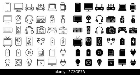 Sammlung einfacher Zeilensymbole für Technologie und elektronische Geräte Stock Vektor