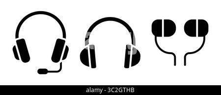 Entdecken Sie verschiedene Kopfhörertypen, darunter ein Headset, Over-Ear-Modelle und kompakte Ohrstöpsel. Ideal für Musikliebhaber und Kommunikationsexperten ali Stock Vektor