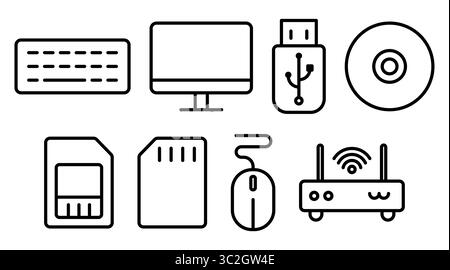 Diese Sammlung enthält umrissene Symbole für Computerzubehör, einschließlich Tastatur, Monitor, USB-Laufwerk und mehr. Perfekt für technische Projekte Stock Vektor