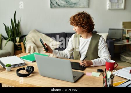 Eine junge Frau mit lockigen Haaren konzentriert sich auf ihr Telefon, während sie zu Hause an ihrem Grafiktablett arbeitet. Stockfoto