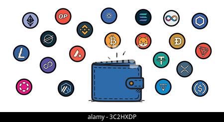 Flacher Vektor-Doodle-Icon-Satz von 21 Top-Kryptowährungen mit einer Brieftasche in der Mitte. Farbenfroher handgezeichneter Style. Ideal für Fintech-UI, Blockchain-Apps, Stock Vektor
