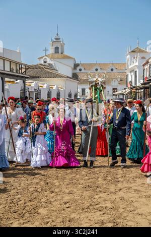 Pilgerprozession, Pilgerfahrt El Rocio, El Rocio, Huelva, Andalusien, Spanien Stockfoto