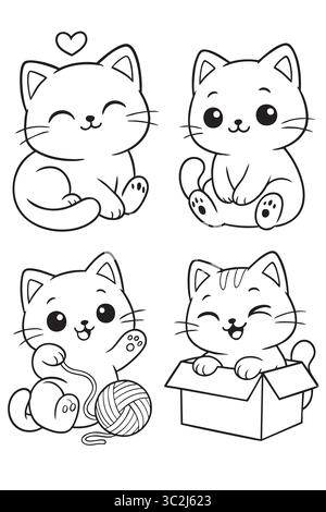 Entzückende Kätzchen, die sich mit niedlichen Katzenposien ausmalen. Stock Vektor