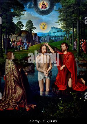 Taufe Christi 1502 - 1508 16. Jahrhundert von Gerard David Groeningemuseum, Stadtmuseum, Brügge, Belgien, in einer wunderschönen Landschaft, die sich bis in die Fensterläden fortsetzt, wird Christus von Johannes getauft, was den Beginn von Christi geistlichem dienst auf Erden markiert. Über ihm schwebt die Taube des Heiligen Geistes, und über ihr segnet Gott, der Vater, die Szene mit den Worten: "Das ist mein Sohn, mein Geliebter, an dem ich wohl bin." Stockfoto