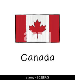 Kanada-Flagge mit Umriss und Unterschrift auf weißem Hintergrund. Handgezeichnete Vektorillustration im Skizzenstil. Isoliertes Bild, perfekt für Poster und Web Stock Vektor