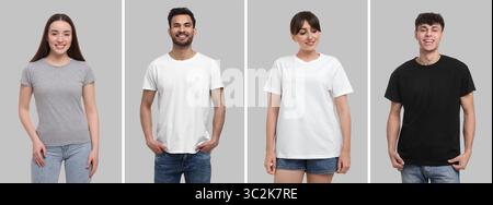 Menschen in verschiedenen T-Shirts vor grauem Hintergrund. Modell für Design Stockfoto