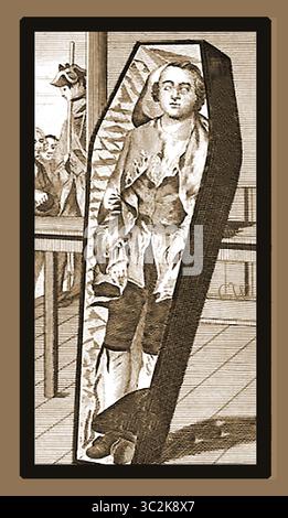 Earl Ferrers liegt in seinem Sarg in der Surgeons Hall. Laurence Shirley, 4. Earl Ferrers, war der letzte Adlige, der in England gehängt wurde. Ferrers, ein angeblich brutal wütender schwerer Trinker, erschoss seinen Steward Johnson am 18. Januar 1760 in Staunton Harold Hall in Leicestershire. Er wurde am 5. Mai 1760 durch Hängen in Tyburn hingerichtet und nachdem er seine Leiche in der Barber-Surgeons' Hall in der Monkwell Street ausgestellt hatte, wurde er später seziert. Stockfoto