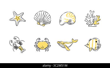 Handgezeichnete Ikonenkollektion für Sommer und Strand. Satz 3 von 3. Vektorabbildung. Stock Vektor