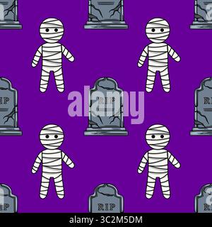 Nahtloses Vektormuster mit niedlichen Cartoon-Mumien und zerrissenen Grabsteinen auf einem leuchtenden lila Hintergrund, ideal für Halloween-Motive. Stock Vektor