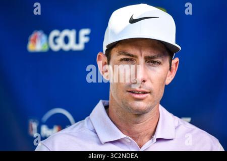 14. Juli 2019: Silvis, Iowa, USA – PGA-Golfer Dylan Frittelli spricht mit den Medien, nachdem er den John Deere Classic Sunday, 14. Juli 2019, beim TPC Deere Run in Silvis gewonnen hat. (Bild: © Meg McLaughlin/Mmclaughlin@Qconl/Quad-City Times via ZUMA Wire) Stockfoto
