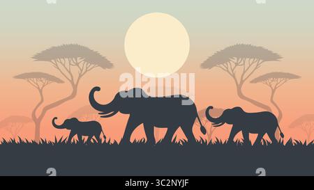 Elefanten gehen in afrikanischer Savanne am Sonnenuntergang flache Vektor-Illustration. Stock Vektor
