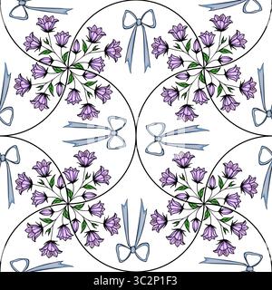 Ein nahtloses Vektor-Muster mit lila Glockenblumen und blauen Bögen auf weißem Hintergrund. Das Design ist symmetrisch mit Blumenkernen und dez Stock Vektor
