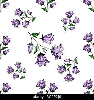 Ein nahtloses Vektor-Muster mit verschiedenen lila Glockenblumen mit grünen Blättern auf weißem Hintergrund. Das Design umfasst Gruppen von Bellbellfl Stock Vektor