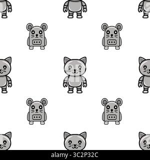 Nahtloses Vektormuster mit niedlichen Robotertieren: Katzen und Mäuse in Graustufen, perfekt für Kinder Textildesign oder verspielte Hintergründe. Stock Vektor