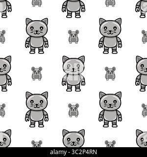 Nahtloses Vektormuster mit niedlichen Roboterkatzen und -Mäusen in Graustufen, ideal für Kinderprodukte oder verspielte Hintergründe. Stock Vektor