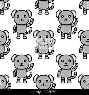 Nahtloses Vektormuster mit hinreißenden Robotercharakteren, die in Graustufen mit einem verspielten Cartoonstil dargestellt werden. Stock Vektor