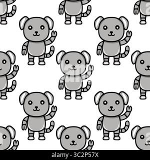 Nahtloses Vektormuster von niedlichen grauen Roboterhunden, die winken, mit einem verspielten und freundlichen Design mit schwarzen Umrissen, perfekt für Kinderprodukte oder Te Stock Vektor