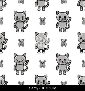 Nahtloses Vektormuster mit niedlichen Roboterkatzen und -Mäusen in Graustufen, perfekt für Kinderprodukte oder verspielte Designs. Stock Vektor