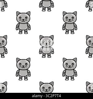 Nahtloses Vektormuster mit niedlichen grauen Katzenrobotern in einem verspielten, sich wiederholenden Design, perfekt für Kinderprodukte oder Projekte im Bereich Technologie. Stock Vektor
