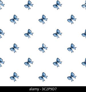 Ein nahtloses Vektormuster mit kleinen blauen Schleifen auf weißem Hintergrund, das ein verspieltes und fröhliches Design schafft. Stock Vektor