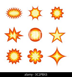Bright Comic Explosion Elemente Set Vektor Illustration. Ein farbenfrohes Vektorset mit neun Explosionen im Comic-Stil und geplatzten Formen, die in einem 3x3-Raster angeordnet sind. Stock Vektor