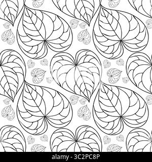 Nahtloses Vektormuster aus stilisierten herzförmigen Blättern mit komplexen Venendetails, die eine einfarbige botanische Illustration schaffen, die ideal für Textil- und OP-Anwendungen ist Stock Vektor