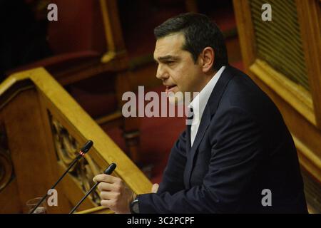 20. Juli 2019 - Athen, Griechenland - Präsident von SYRIZA, Alexis Tsipras, spricht während des ersten Tages der politischen Erklärungen der neuen griechischen Regierung vor dem griechischen Parlament in Athen. (Kreditbild: © Giorgos Zachos/SOPA Bilder via ZUMA Wire) Stockfoto