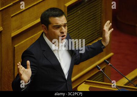 20. Juli 2019 - Athen, Griechenland - Präsident von SYRIZA, Alexis Tsipras, spricht während des ersten Tages der politischen Erklärungen der neuen griechischen Regierung vor dem griechischen Parlament in Athen. (Kreditbild: © Giorgos Zachos/SOPA Bilder via ZUMA Wire) Stockfoto