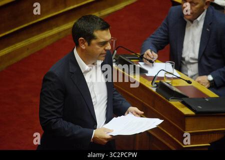 20. Juli 2019 - Athen, Griechenland - Präsident von SYRIZA, Alexis Tsipras, spricht während des ersten Tages der politischen Erklärungen der neuen griechischen Regierung vor dem griechischen Parlament in Athen. (Kreditbild: © Giorgos Zachos/SOPA Bilder via ZUMA Wire) Stockfoto