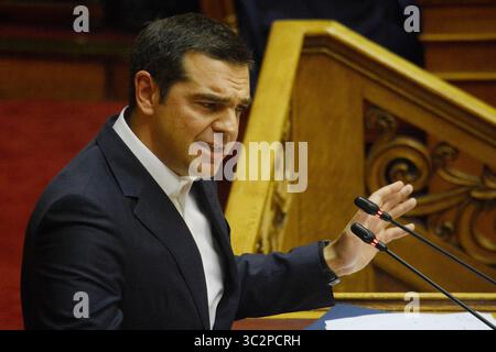 20. Juli 2019 - Athen, Griechenland - Präsident von SYRIZA, Alexis Tsipras, spricht während des ersten Tages der politischen Erklärungen der neuen griechischen Regierung vor dem griechischen Parlament in Athen. (Kreditbild: © Giorgos Zachos/SOPA Bilder via ZUMA Wire) Stockfoto