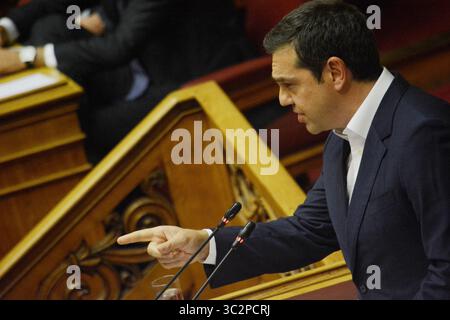 20. Juli 2019 - Athen, Griechenland - Präsident von SYRIZA, Alexis Tsipras, spricht während des ersten Tages der politischen Erklärungen der neuen griechischen Regierung vor dem griechischen Parlament in Athen. (Kreditbild: © Giorgos Zachos/SOPA Bilder via ZUMA Wire) Stockfoto