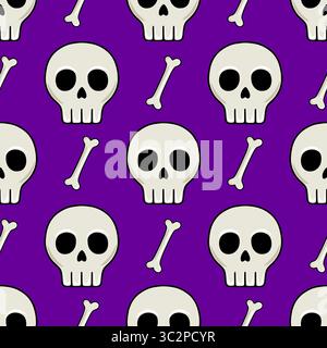 Nahtloses Vektormuster von Cartoon-Schädeln und Kreuzknochen auf einem leuchtenden lila Hintergrund, ideal für Halloween-Designs und gruselige Themenprojekte. Stock Vektor