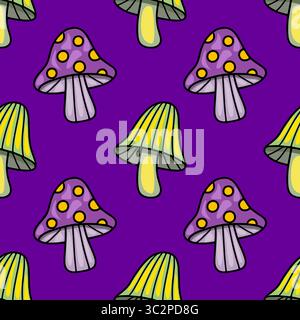 Nahtloses Vektormuster mit skurrilen lila und grünen Pilzen auf einem leuchtend lila Hintergrund, mit einer einzigartigen Mischung aus Polka Dots und gestreiften d Stock Vektor