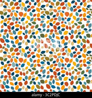 Ein lebendiges und farbenfrohes Vektor-Muster mit einer Reihe von Blättern in verschiedenen Formen und Größen. Die Blätter sind in Orange-, Blau-, Grün- und Yello-Tönen gehalten Stock Vektor