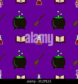 Nahtloses Vektor-Halloween-Muster mit Kessel, Besen, Tränkflasche und Zauberbuch auf einem leuchtenden lila Hintergrund, mit einzigartigen Cartoonfarben s Stock Vektor