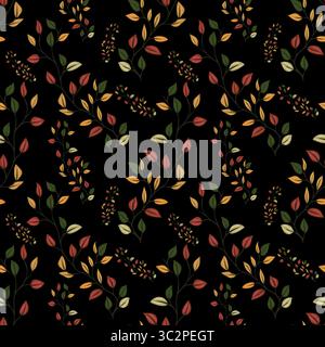 Ein nahtloses Vektormuster mit verschiedenen Blättern und floralen Elementen in warmen Herbstfarben wie Orange, Gelb und Grün vor schwarzem Hintergrund Stock Vektor