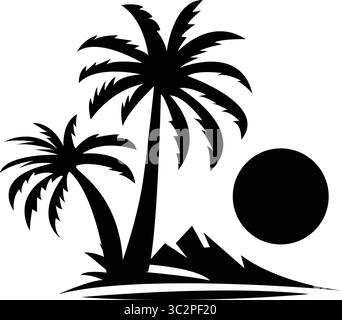 Palmen und Sonnenuntergang hinter Berg Silhouette, Vektor-Illustration. Stock Vektor