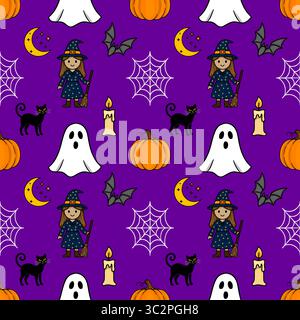 Nahtlose Vektor Halloween Muster mit niedlicher Hexe, Geistern, schwarzer Katze, Kürbisse, Fledermäuse, Spinnennetze und Halbmond auf violettem Hintergrund. Stock Vektor