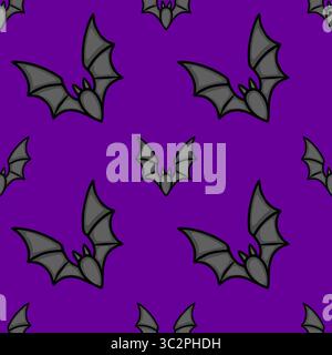 Nahtloses Vektormuster von stilisierten Fledermäusen auf einem leuchtenden lila Hintergrund, mit einer Mischung aus großen und kleinen Fledermausillustrationen für ein Halloween-Design. Stock Vektor